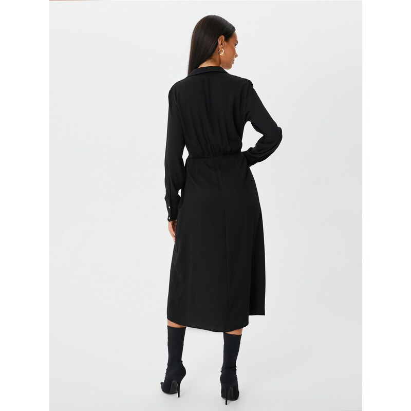 Koton Midi Shirt Dress Wrapped Long Sleeve Slit Embroidered