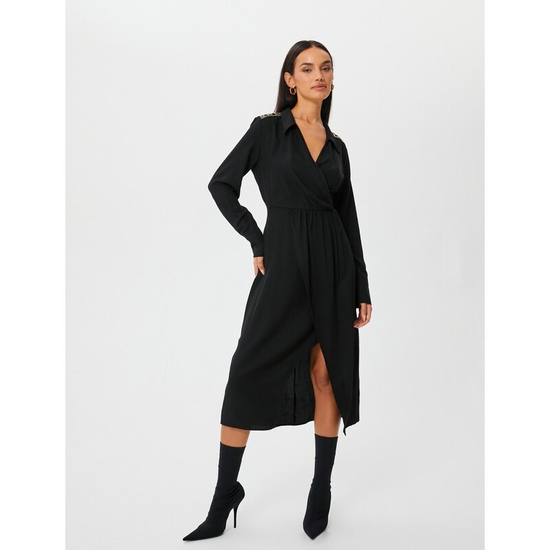 Koton Midi Shirt Dress Wrapped Long Sleeve Slit Embroidered