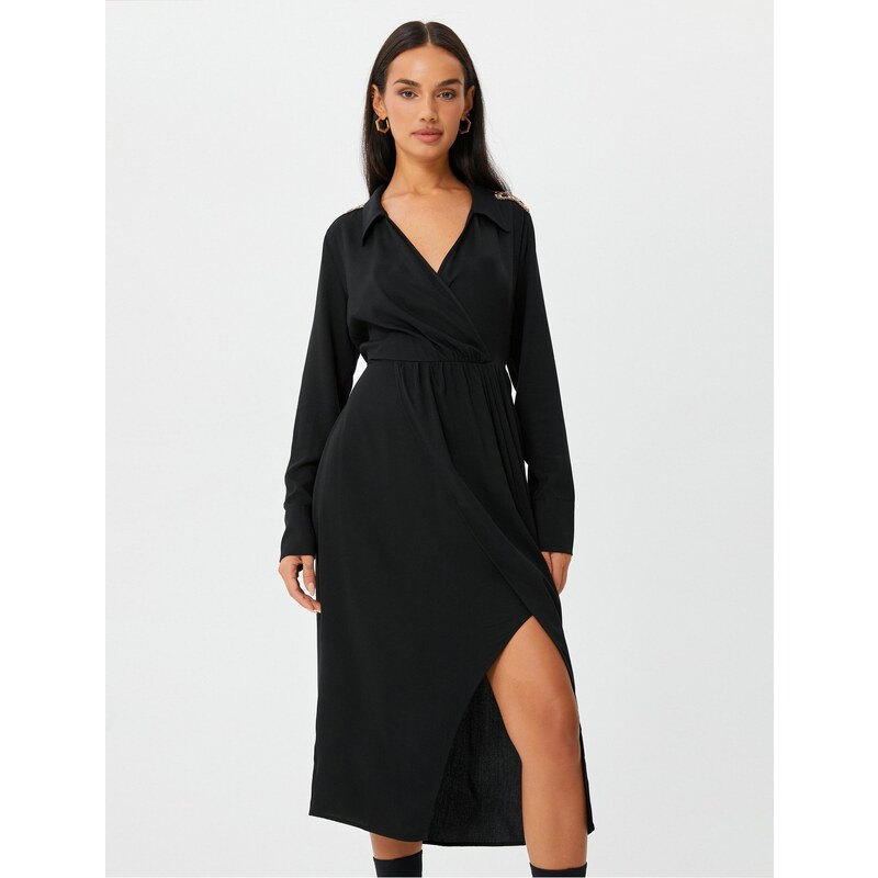 Koton Midi Shirt Dress Wrapped Long Sleeve Slit Embroidered