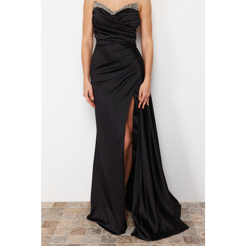 Trendyol Black Stone Accessory Detail Long Woven Elegant Evening Dress