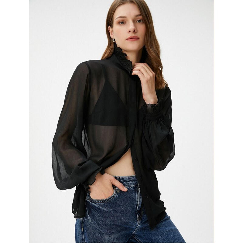 Koton Transparent Shirt Balloon Sleeves Ruffled Stand Collar