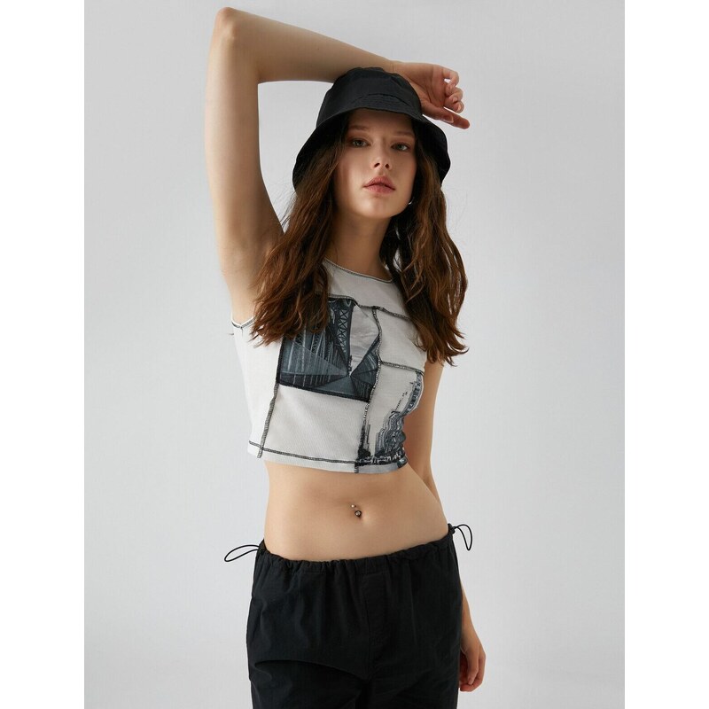 Koton Crop Athlete Ribbed Printed Stitching Detailed Crew Neck