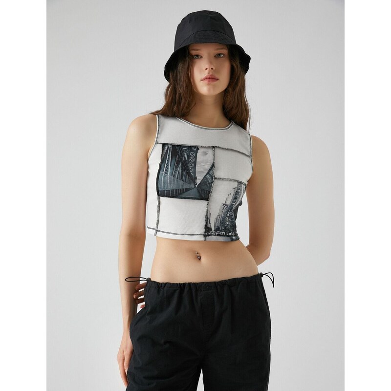 Koton Crop Athlete Ribbed Printed Stitching Detailed Crew Neck