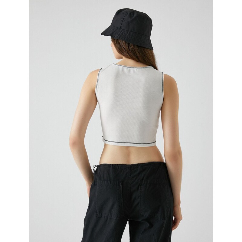 Koton Crop Athlete Ribbed Printed Stitching Detailed Crew Neck