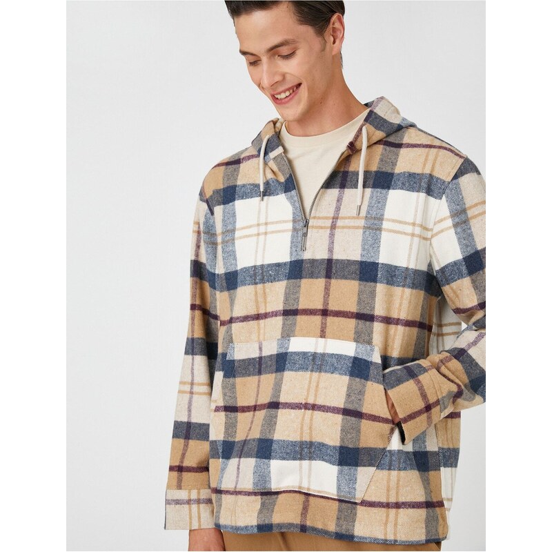 Koton Plaid Oversized Sweatshirt with Hooded Pocket Detailed Half-Zip