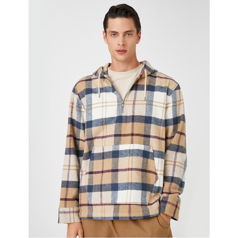 Koton Plaid Oversized Sweatshirt with Hooded Pocket Detailed Half-Zip