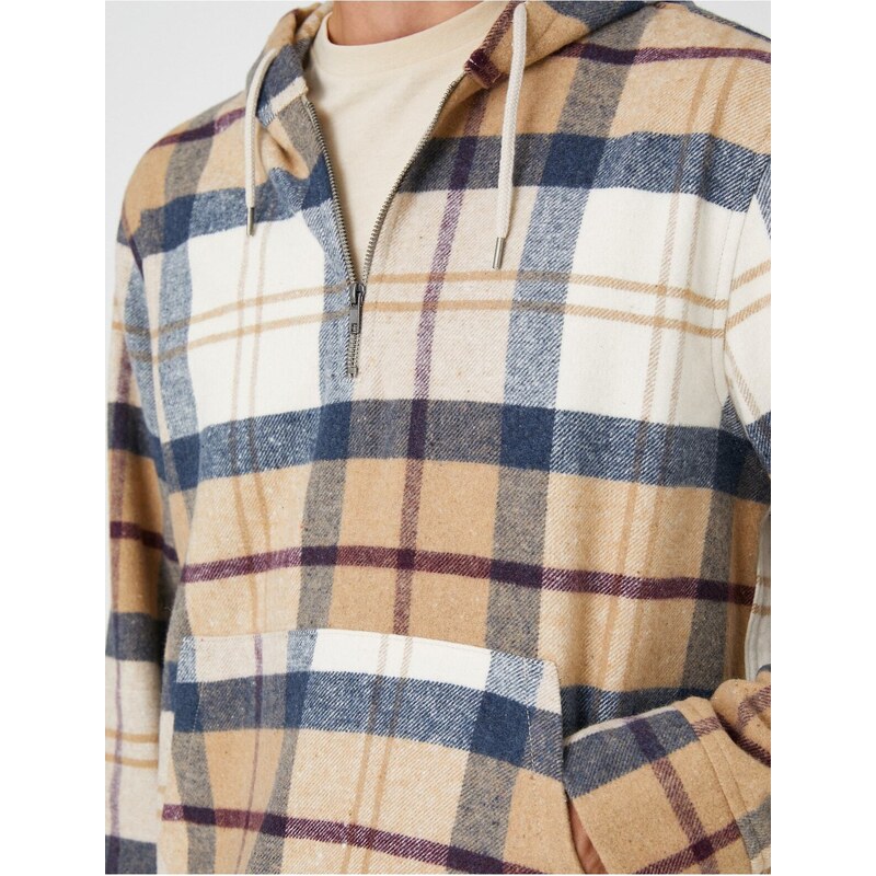 Koton Plaid Oversized Sweatshirt with Hooded Pocket Detailed Half-Zip