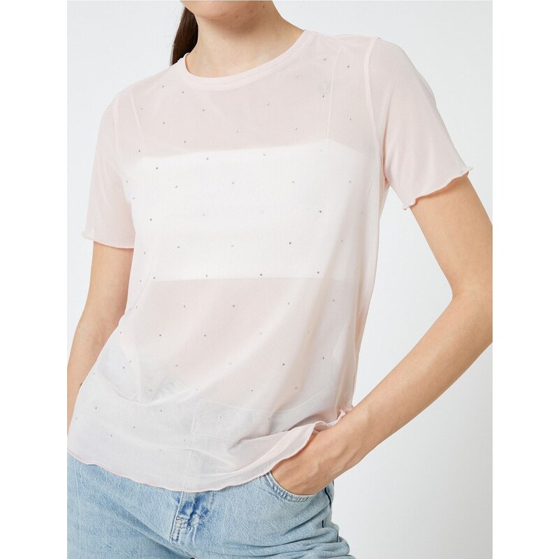 Koton Transparent T-Shirt Stone Detailed Short Sleeve