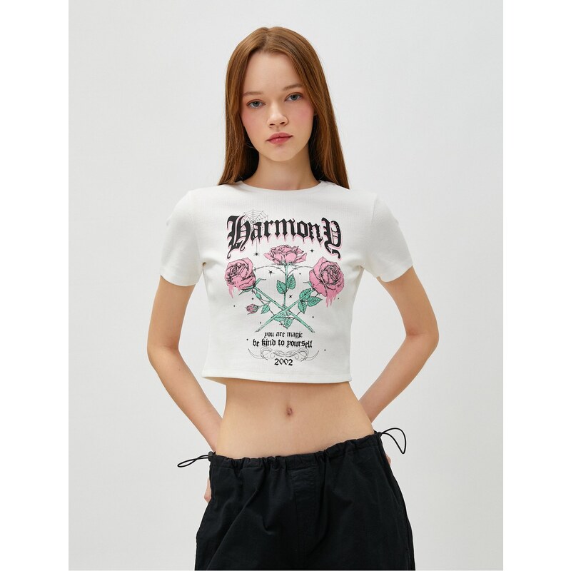 Koton Crop T-Shirt Printed Short Sleeve Crew Neck Cotton