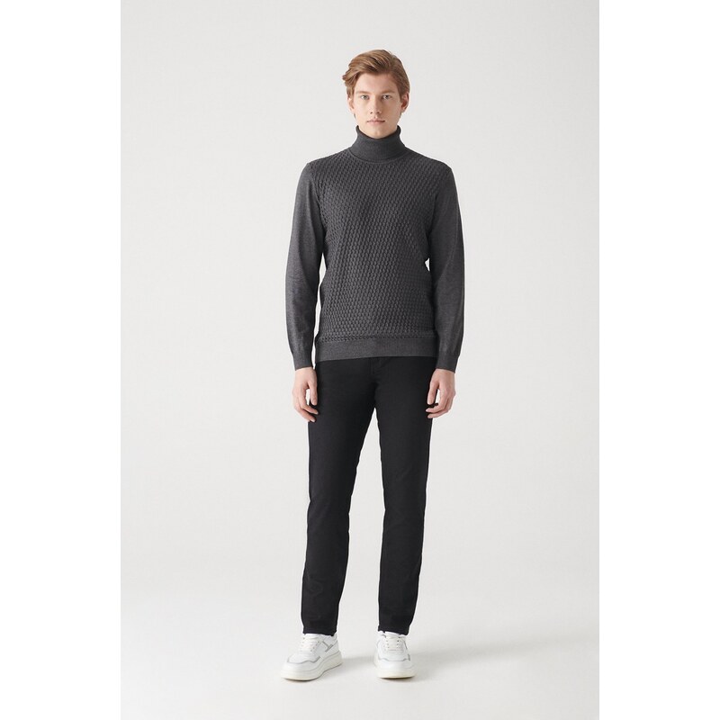 Avva Men's Anthracite Full Turtleneck Front Textured Cotton Regular Fit Knitwear Sweater