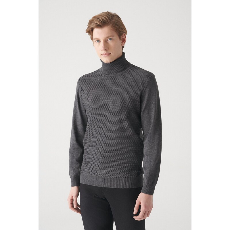 Avva Men's Anthracite Full Turtleneck Front Textured Cotton Regular Fit Knitwear Sweater