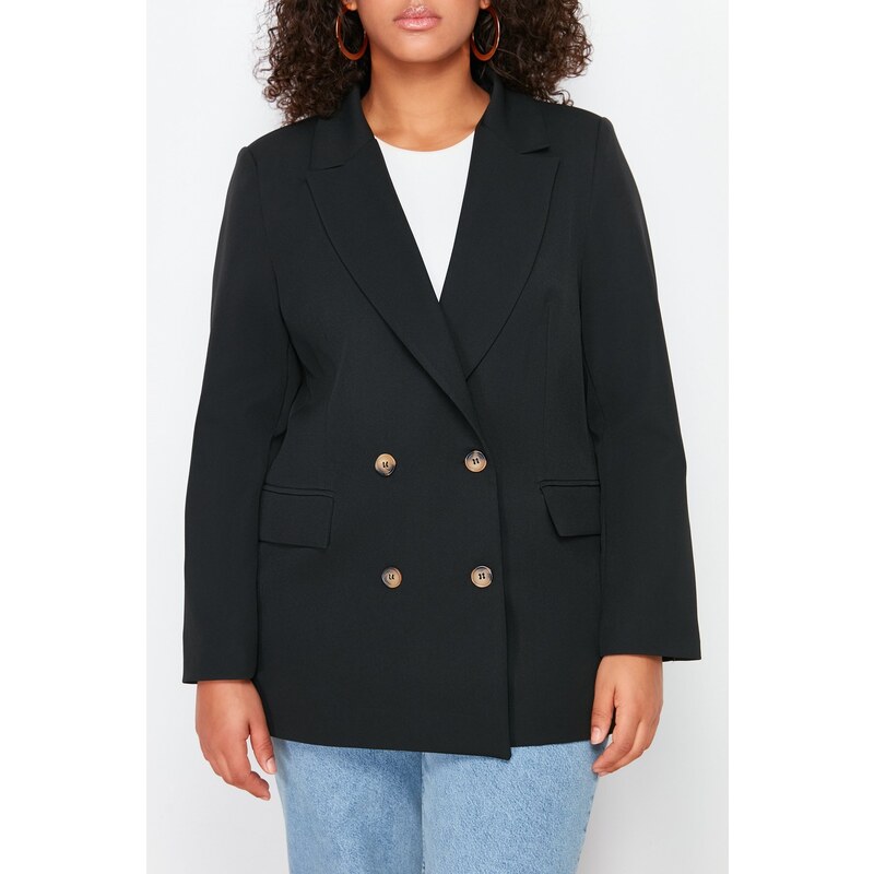 Trendyol Curve Black Oversize Lined Double Breasted Closure Woven Blazer Jacket