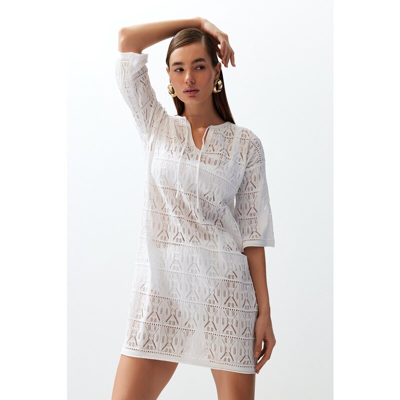 Trendyol Bridal White Mini Knitted Tie-Up Knitwear Look Beach Dress