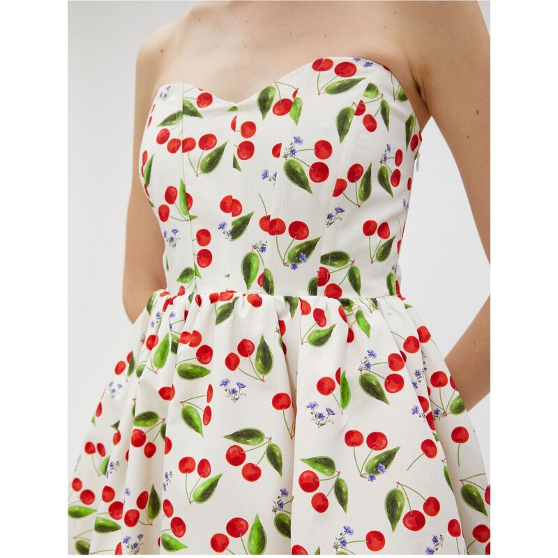 Koton Strapless Mini Dress Balloon Skirt Cherry Printed Lined Cotton