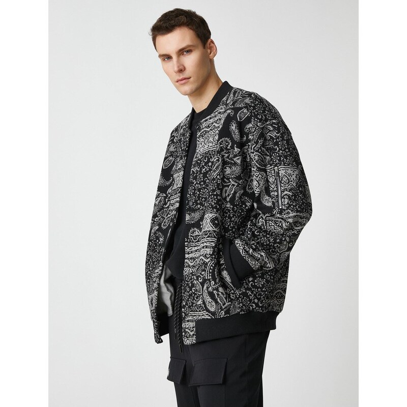 Koton Bomber Jacket with Snap Buttons, Shawl Pattern, Zipper Detail