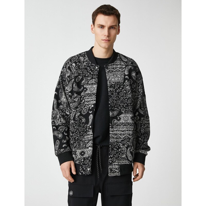 Koton Bomber Jacket with Snap Buttons, Shawl Pattern, Zipper Detail