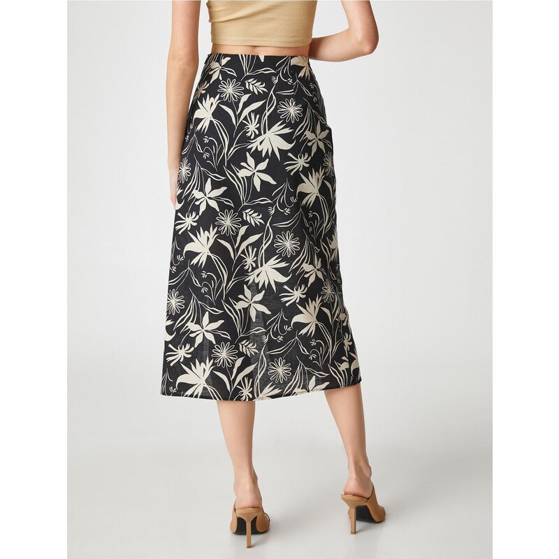 Koton Midi Length Skirt Draped and Slit Linen Blend