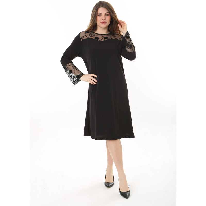 Şans Women's Plus Size Black Lace Detailed Dress