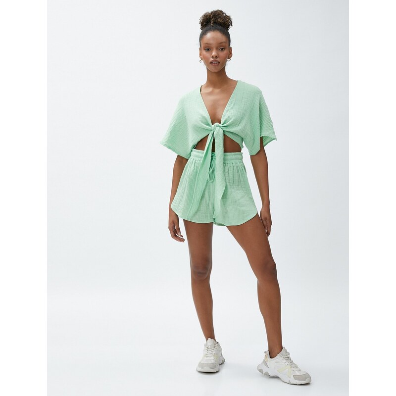 Koton Crop Yoga T-Shirt Muslin Kimono Look with Tie Detail.