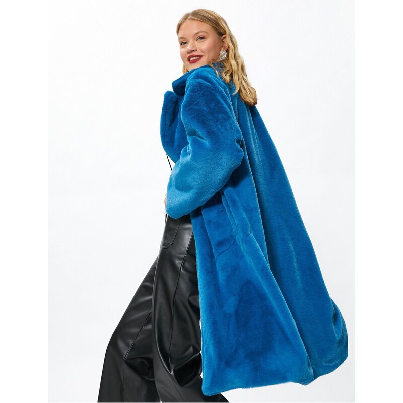 Koton Oversize dlouhý plyšový kabát kapsa stupňovitý límec