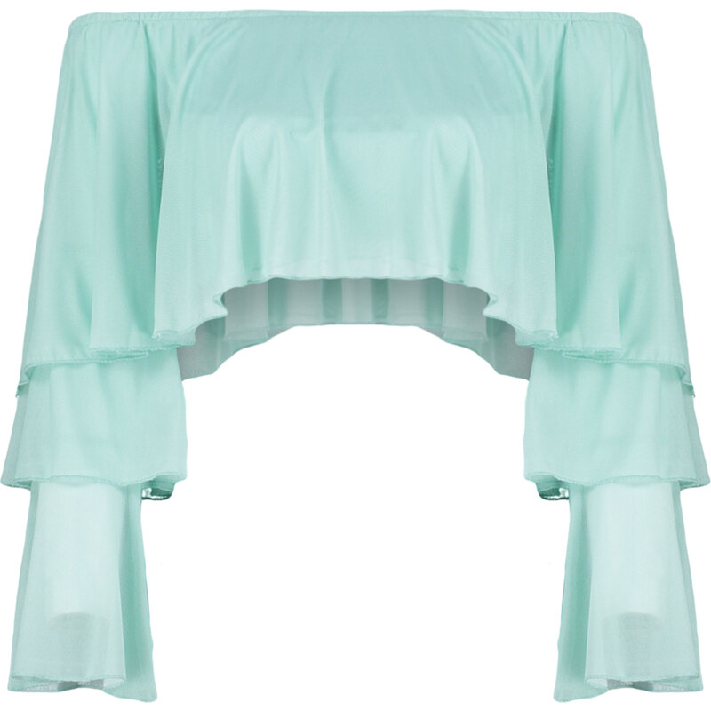 Trendyol Mint Ruffle Detail Long Sleeve Lined Crop/Short Knitted Blouse
