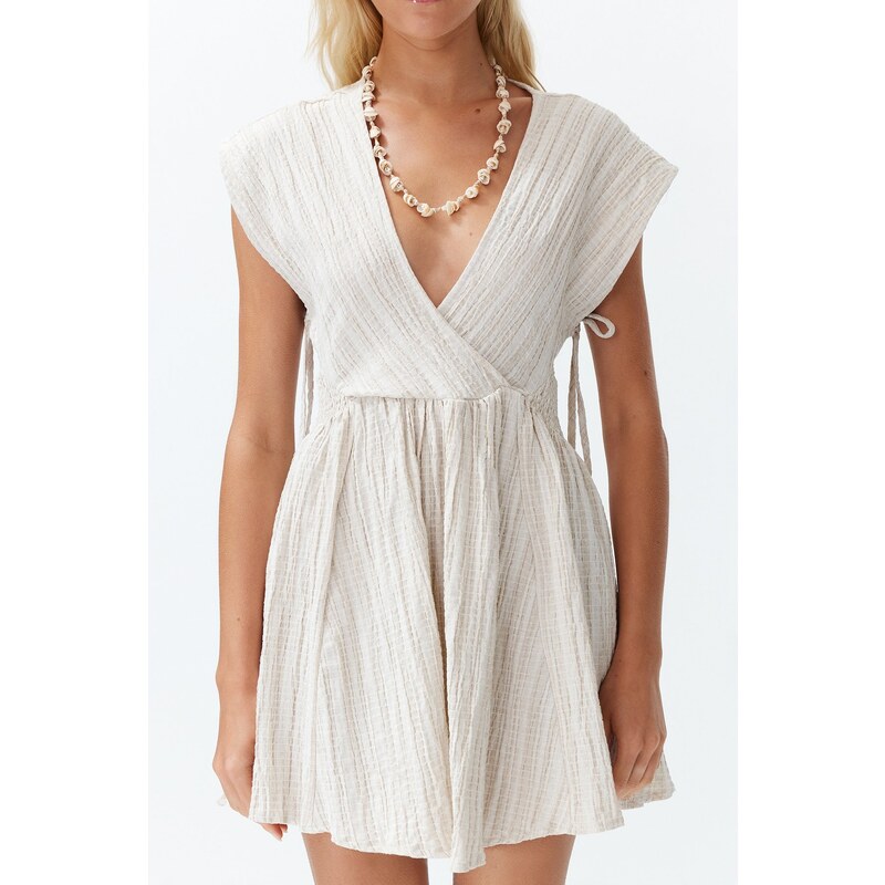 Trendyol Bridal Ecru Mini Woven Cut Out/Window Linen Blend Beach Dress