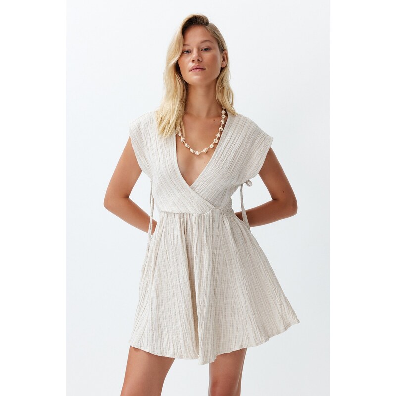 Trendyol Bridal Ecru Mini Woven Cut Out/Window Linen Blend Beach Dress