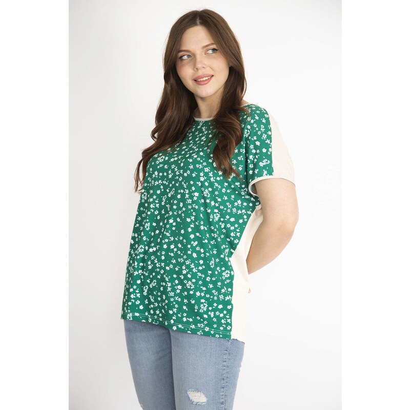 Şans Women's Green Plus Size Front Patterned Low Sleeve Blouse