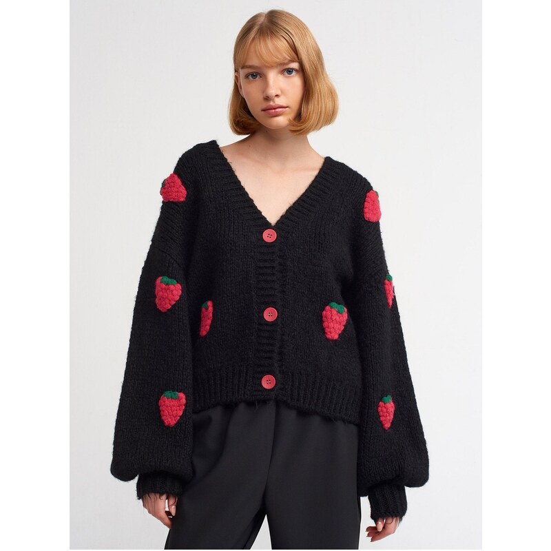 Dilvin 60185 V-Neck Strawberry Embroidered Balloon Sleeve Knitwear Cardigan-black