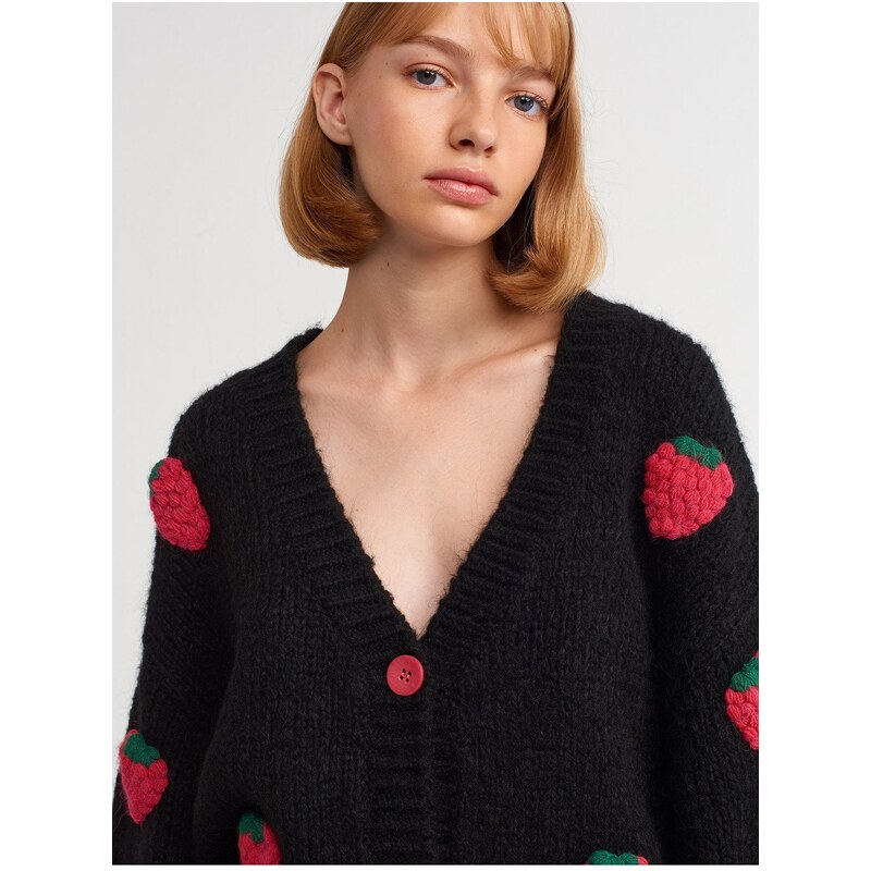 Dilvin 60185 V-Neck Strawberry Embroidered Balloon Sleeve Knitwear Cardigan-black