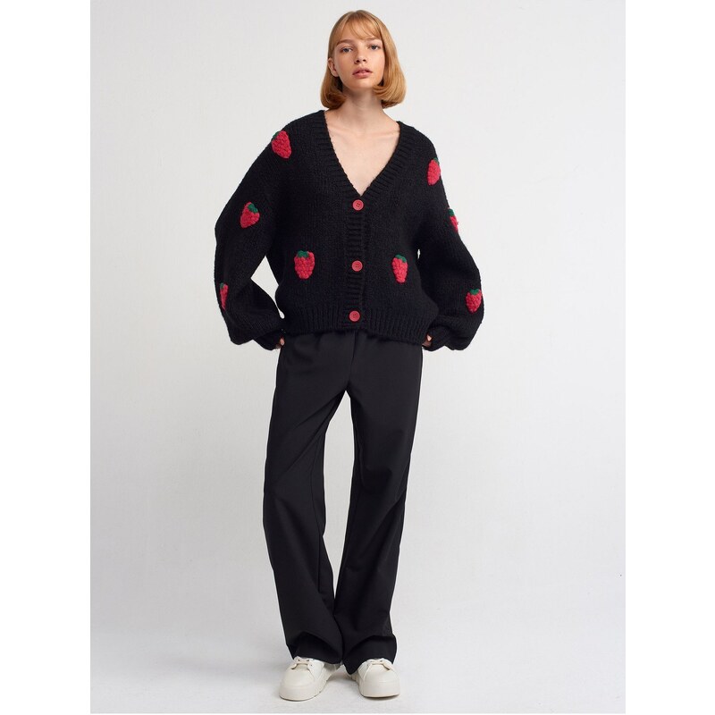 Dilvin 60185 V-Neck Strawberry Embroidered Balloon Sleeve Knitwear Cardigan-black