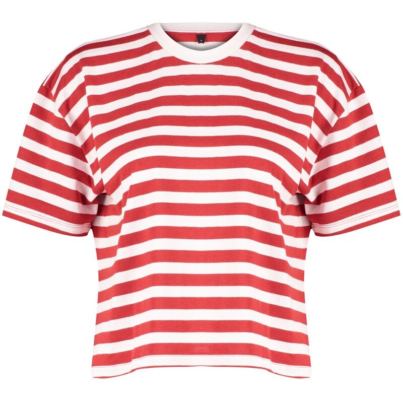 Trendyol Red Striped 100% Cotton Asymmetrical Loose/Relaxed Cut Knitted T-Shirt