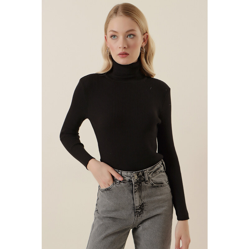 Bigdart 15796 Turtleneck Corduroy Sweater - Black