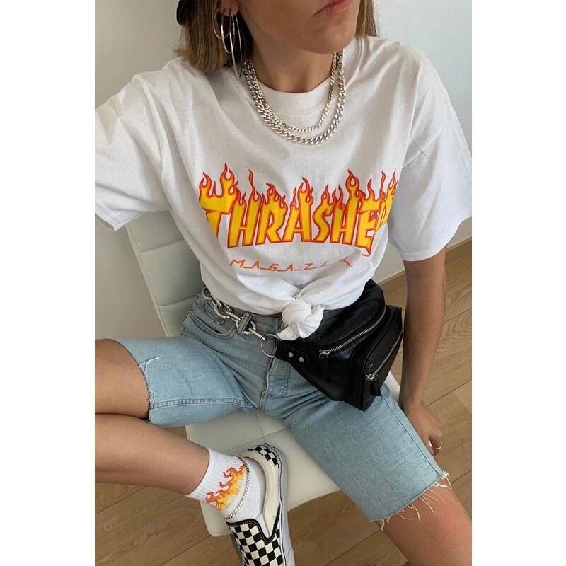 Madmext Women's White Oversized Printed T-shirt