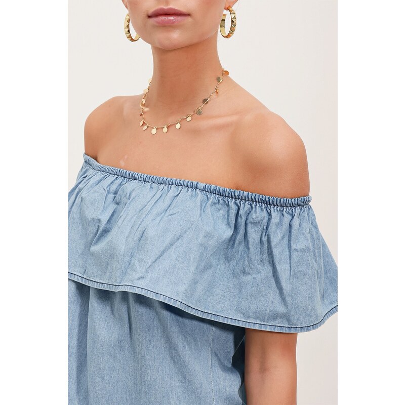 Bigdart 1481 Off Shoulder Denim Dress - Light Blue