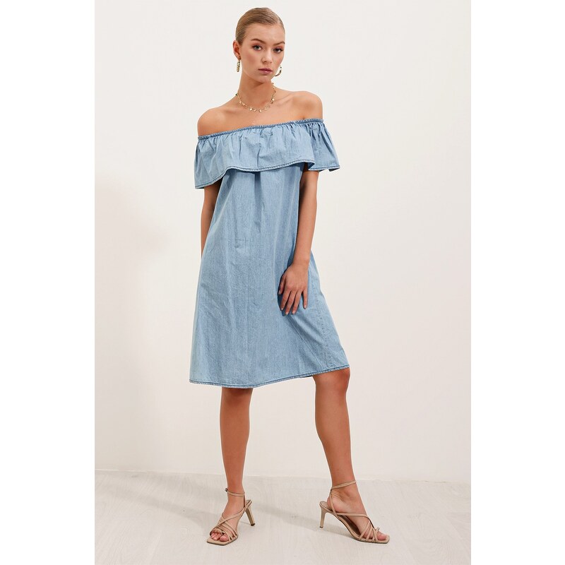 Bigdart 1481 Off Shoulder Denim Dress - Light Blue