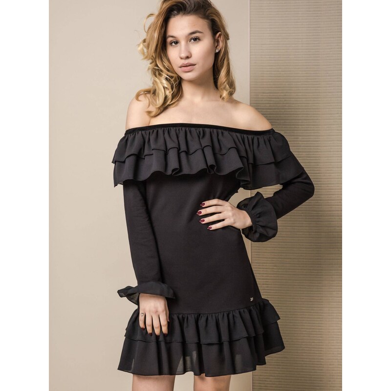 LEMONADA COLD SHOULDER DRESS WITH FLOUNCES BLACK