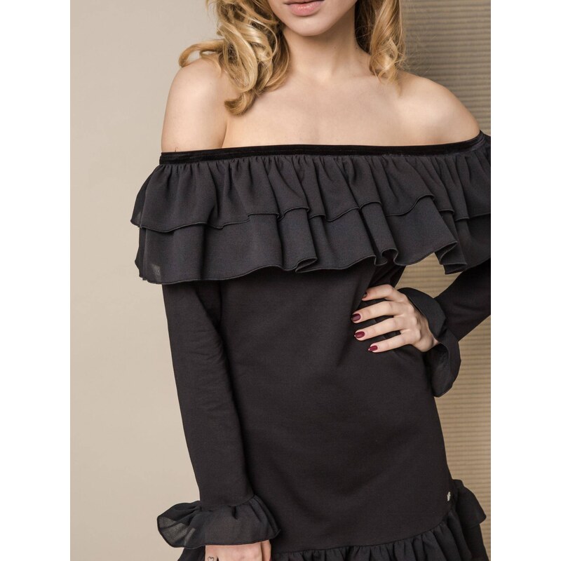 LEMONADA COLD SHOULDER DRESS WITH FLOUNCES BLACK