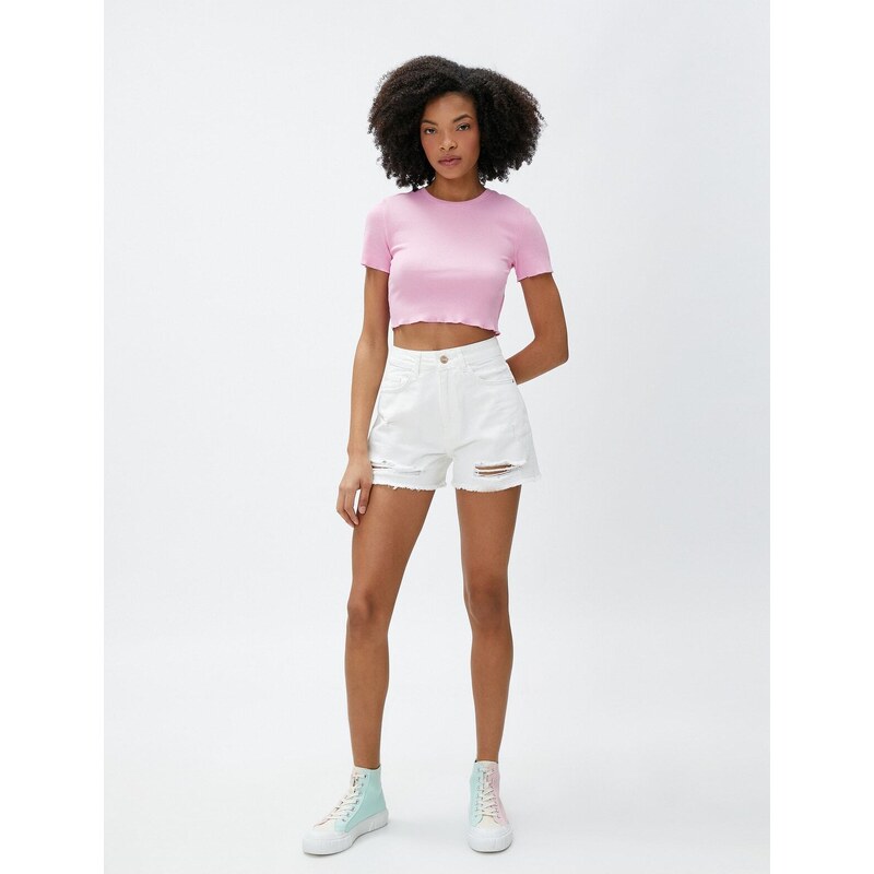 Koton Crop T-Shirt Ribbed Short Sleeve Crew Neck