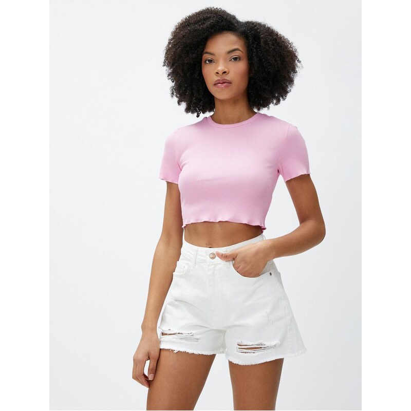 Koton Crop T-Shirt Ribbed Short Sleeve Crew Neck