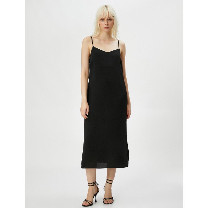 Koton Midi Dress with Thin Straps and Slit Detailed.