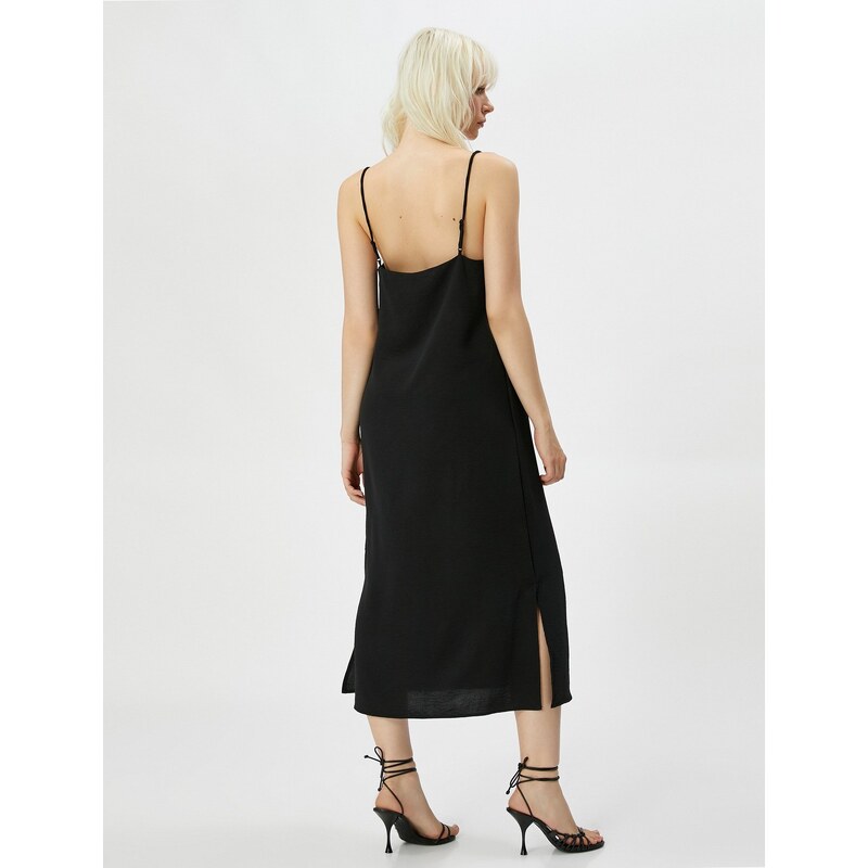 Koton Midi Dress with Thin Straps and Slit Detailed.