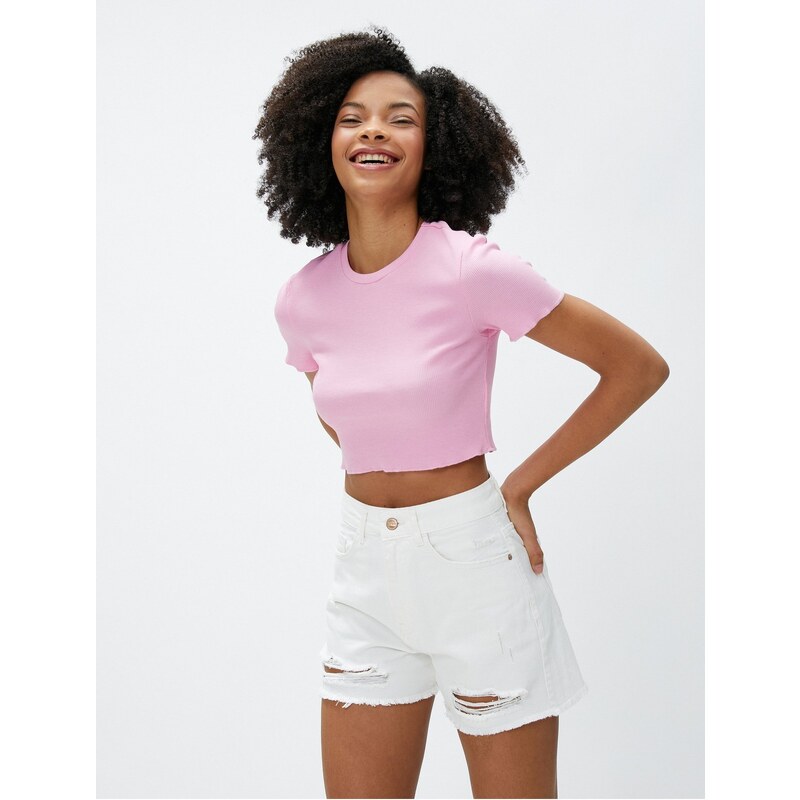 Koton Crop T-Shirt Ribbed Short Sleeve Crew Neck