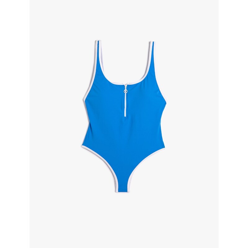 Koton Swimming Swimsuit U Neck Covered Front Zipper Piping Detailed