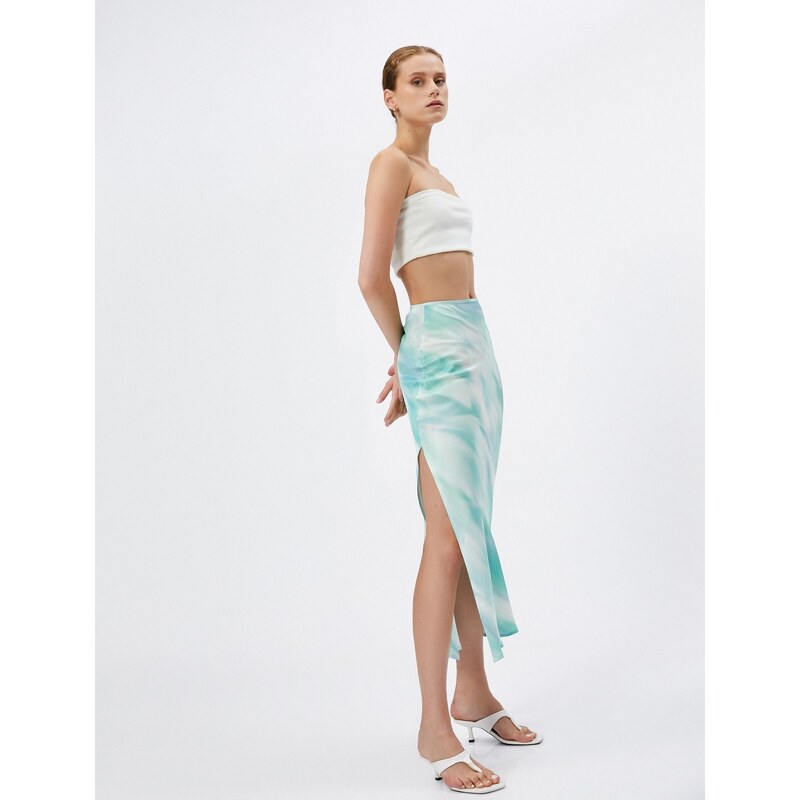 Koton Satin Midi Skirt with slits and Tie-Dye Patterned A-Line Viscose.