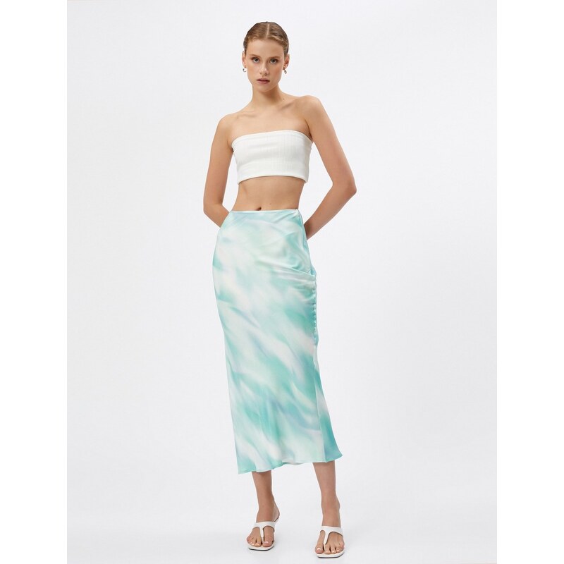 Koton Satin Midi Skirt with slits and Tie-Dye Patterned A-Line Viscose.