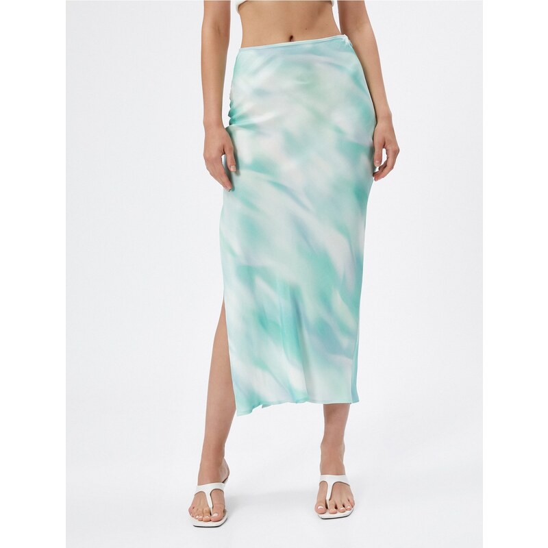 Koton Satin Midi Skirt with slits and Tie-Dye Patterned A-Line Viscose.