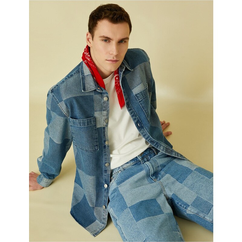 Koton Checkered Denim Jacket With Pocket Detailed Buttons Color Block