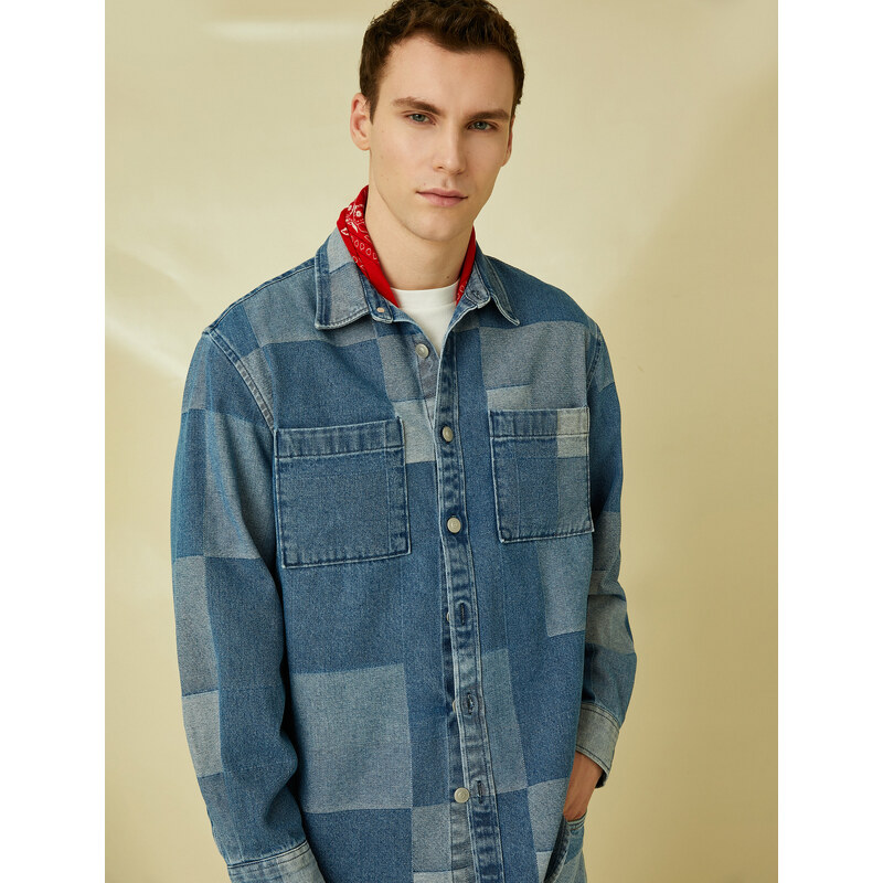 Koton Checkered Denim Jacket With Pocket Detailed Buttons Color Block