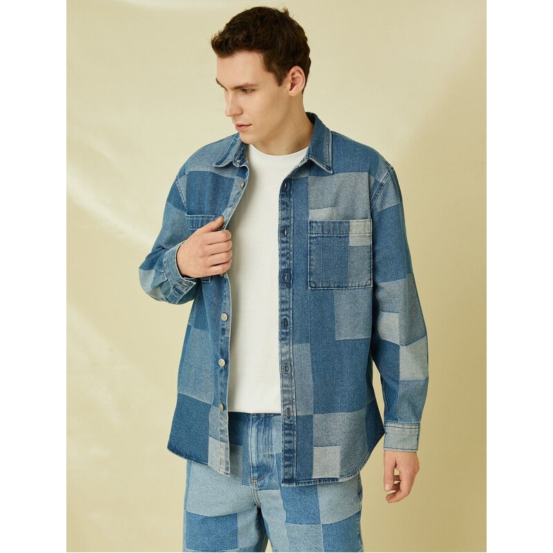 Koton Checkered Denim Jacket With Pocket Detailed Buttons Color Block